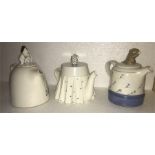 Three various teapots by J&G Morten depicting mouse eating cheese, table with flowers (damage to