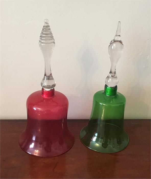 Two large Nailsea glass bells one green one cranberry 32cms high