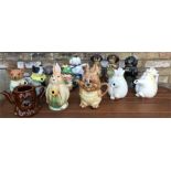 Various dog, rabbit and bear teapots, 1 no lid, including Tony Wood etc...