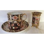 A Royal Crown Derby cup/saucer and vase - good condition, vase - 6.5cms