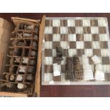 Onyx chess board and onyx chess pieces, 1 broken, needs mending. 42cms square