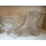 Cut glass vase and bowl, 25.5cms diameter, slight chip to top of vase.