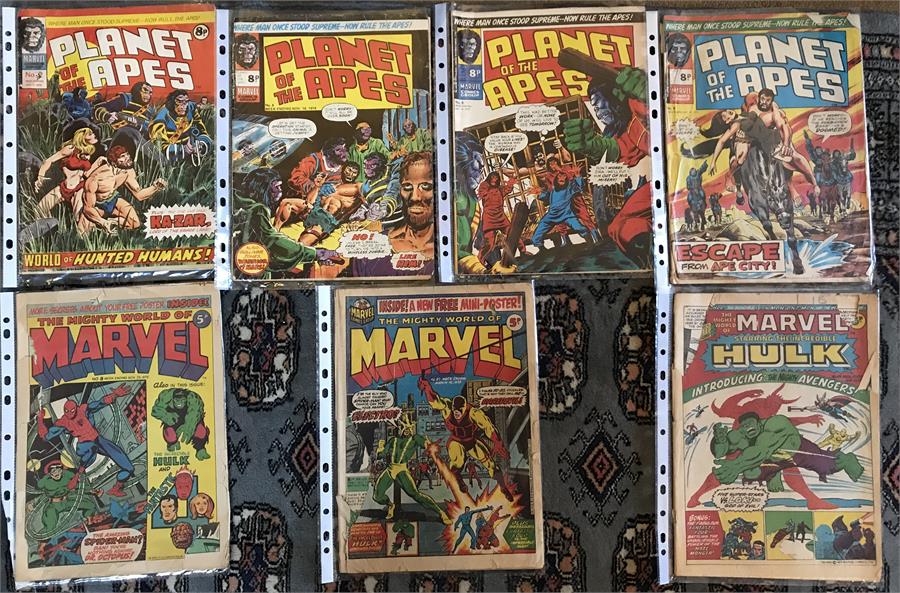 A collection of Planet Of The Apes Comics and The Mighty World Of Marvel in various conditions.