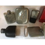 Six various vintage hipflasks including Schweppes, William Grant, golfing etc