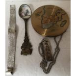 An enamel spoon, watch, compact, silver ingot and silver pendant