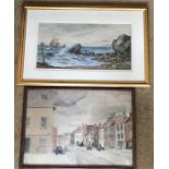 Two watercolours, Flamborough head by C.Richardson 18x35cms together with another watercolour street