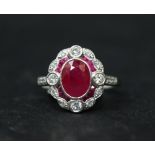 AN 18CT WHITE GOLD RUBY & DIAMOND RING, Art Deco Style