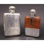 TWO HIP FLASKS, (1) James Dixon silver plated & leather flask, with maker's mark, gilt interior
