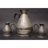 A SMALL COLLECTION OF PEWTER JUGS, 2 Gill & 1 Quart, (1) Austen & Son, North Main Street, circa 1835