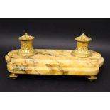 A 19TH CENTURY FRENCH MARBLE AND GILT INK STAND, with two ink holders