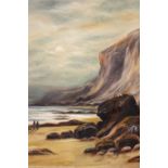 A 20TH CENTURY OIL ON CANVAS, figures on a beach beneath cliffs, unsigned, 20" x 16" approx