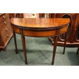 A FINE 19TH CENTURY, IRISH, DEMI LUNE FOLD OVER CARD TABLE