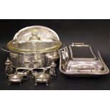 A MIXED SILVER PLATE LOT; includes one silver item; Silver Salt Cellar, Birmingham, date letter