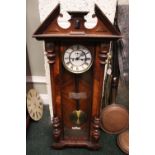 A VIENNA REGULATOR WALL CLOCK, with long case, glazed door and side panels, cross banded interior,