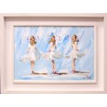 LORNA MILLAR, "TRIO OF DANCERS IN BLUE", acrylic on board, signed lower right, 31" x 21" approx