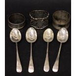 A MIXED SILVER LOT, includes; (4) silver tea spoons, with maker's mark for William Hutton & Sons