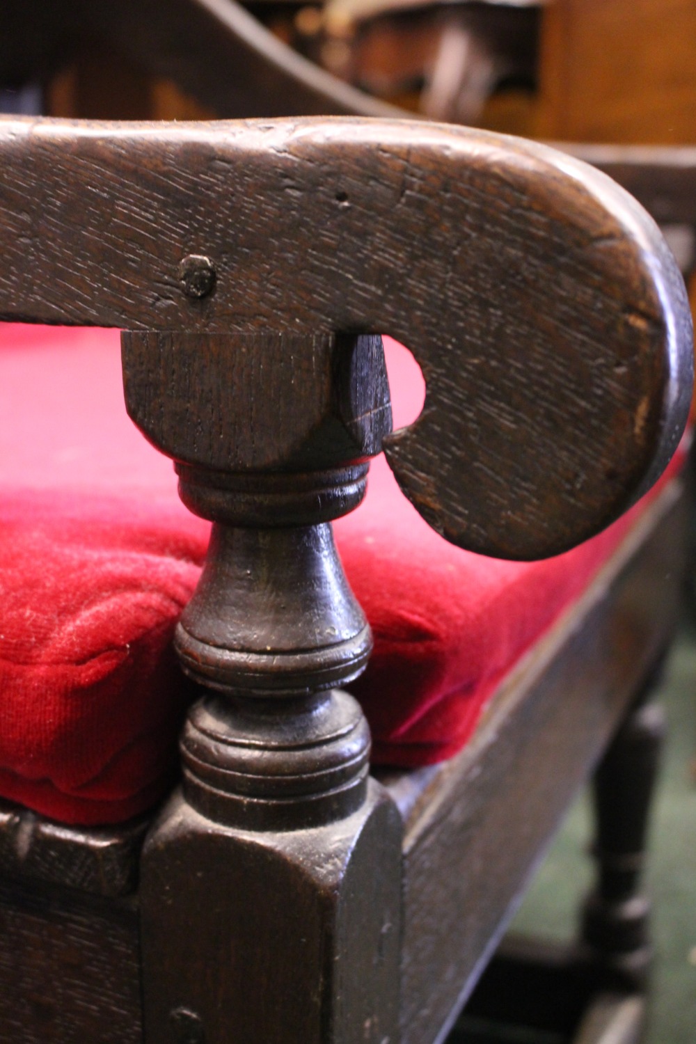 AN OAK “WAINSCOT” ARMCHAIR, with square panel back, having carved top rail, and lozenge shaped - Image 4 of 4