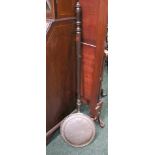 A COPPER BED WARMER, with turned wooden handle, 42" long approx
