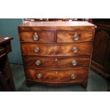 A FINE BOW FRONTED CHEST OF DRAWERS, 2 over 3 drawers, with bone diamond shaped key plates