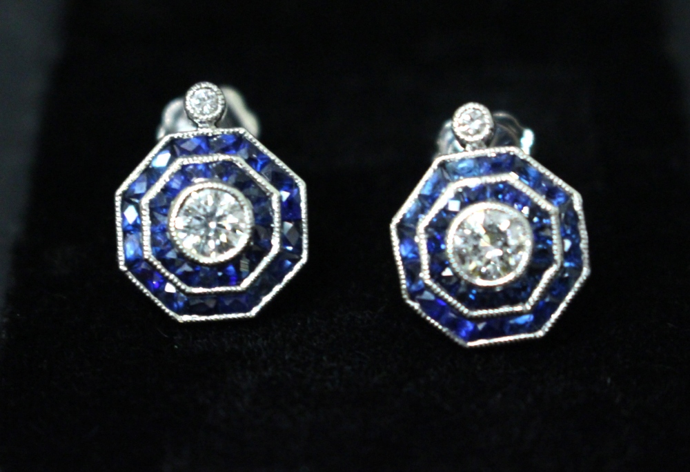 A PAIR OF 18CT WHITE GOLD SAPPHIRE & DIAMOND EARRINGS, Art Deco Style