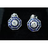 A PAIR OF 18CT WHITE GOLD SAPPHIRE & DIAMOND EARRINGS, Art Deco Style