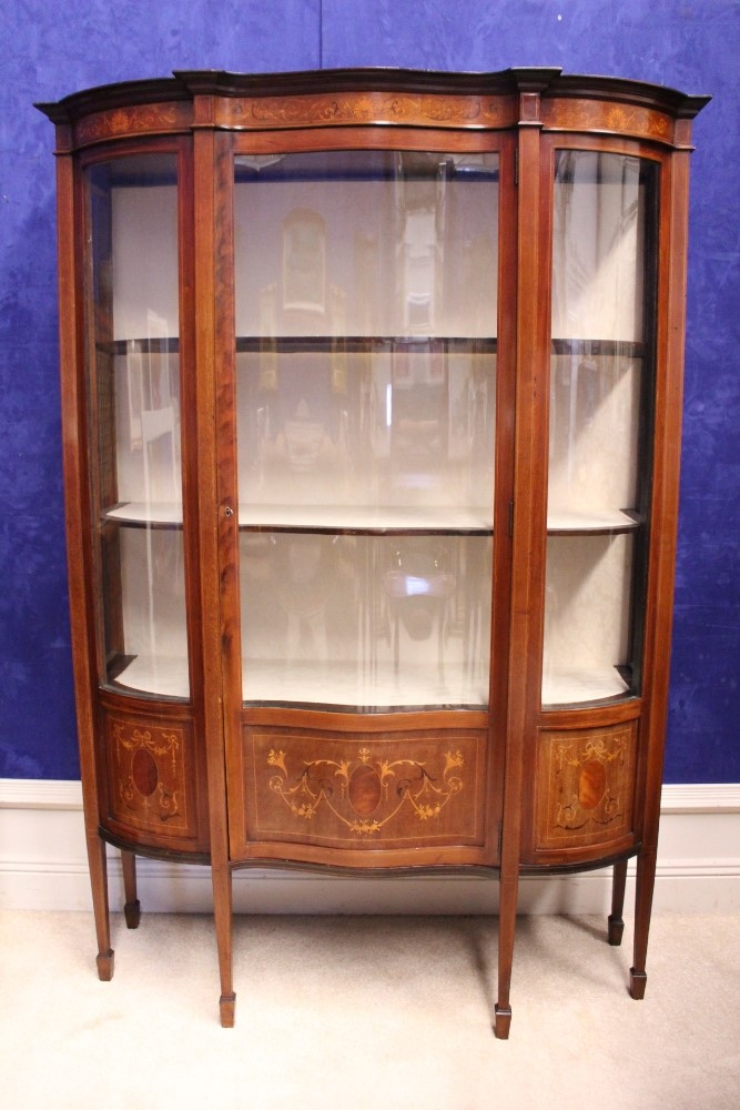 A FINE EARLY 20TH CENTURY SERPENTINE SHAPED GLAZED DISPLAY CABINET, with curved glazed central door,