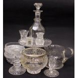 A SELECTION OF GLASSWARE; includes; (1) A Glass Decanter, (1) A Cake Stand, (1) A Jug, (3) Bowls, (