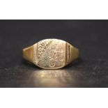 A LATE 20TH CENTURY 9CT ENGRAVED SIGNET RING, 9.375, Irish, date letter 'g' for 1974