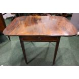 A DROP LEAF PEMBROKE TABLE, with rounded corners, a single frieze drawer, with satinwood edging &