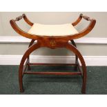 A GOOD EDWARDIAN X-FRAME DRESSING STOOL, circa 1910, with string inlaid detail to the frame (front