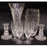 A SELECTION OF GLASSWARE; includes; (2) Tall glass vases, 1 Galway Crystal, (5) cut glass