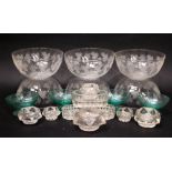 A SELECTION OF GLASSWARE; includes; (6) Bowls, with etched grape vine decoration and star cut