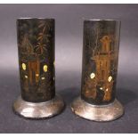 A PAIR OF BLACK LACQUERED PAPER MACHE SPILL VASES