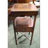 A SIDE TABLE with a lift up table top, revealing cabinet beneath, above a single midway drawer