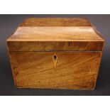A 19TH CENTURY WOODEN TEA CADDY, SARCOPHAGUS SHAPED, with string inlaid detail to the edges,