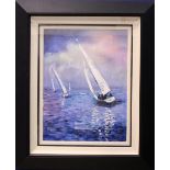 HANNAH O'HANLON, "YACHTS RACING AT DUSK", signed lower right, oil on canvas board, 24" x 18"