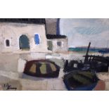 20TH CENTURY OIL ON CANVAS signed lower left indistinctly, harbour scene, 32" x 26" approx canvas,