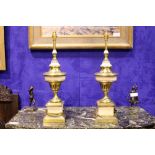 A PAIR OF BRASS METAL LAMPS, with painted sections, 25" tall approx, no shades, electric
