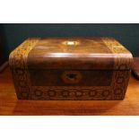 A VICTORIAN WRITING BOX, circa 1890, with marquetry inlaid detail, opens to reveal velvet covered