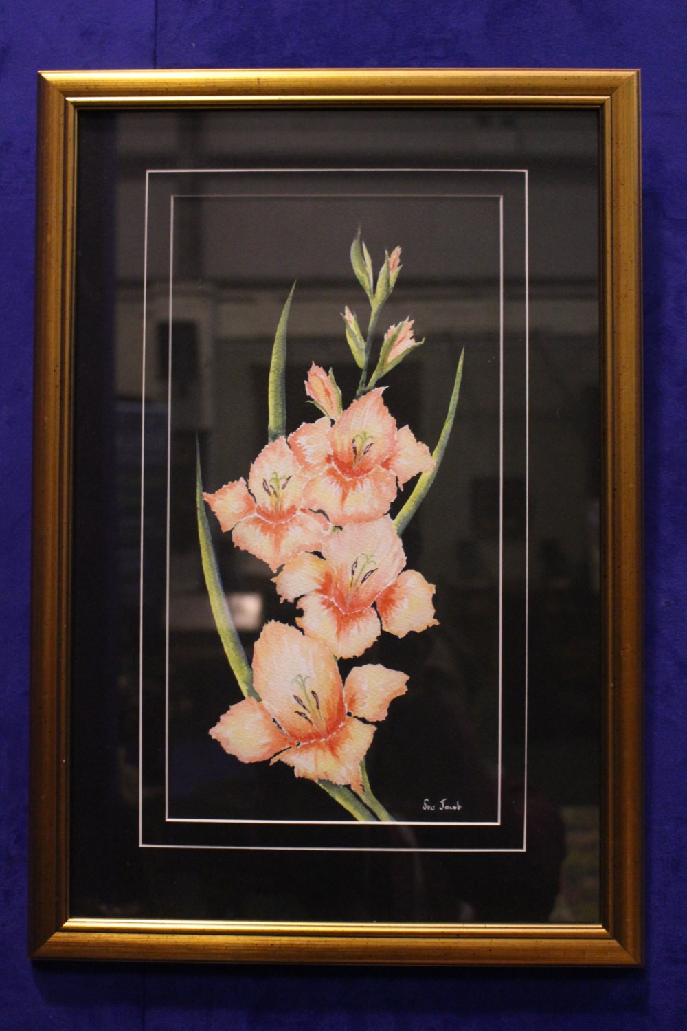 SUSAN JACOB, "LAUGHING GLADIOLUS", watercolour on paper, signed lower right, artist's label verso,