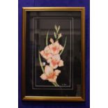 SUSAN JACOB, "LAUGHING GLADIOLUS", watercolour on paper, signed lower right, artist's label verso,
