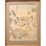 CHINESE INK & WATERCOLOUR DRAWING, "CHINESE SLEEVE DANCER WITH MUSICIANS IN A LANDSCAPE, with two