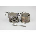 A George V silver mustard pot, hexagonal shape with blue glass liner, maker Charles Perry, Chester