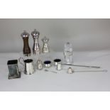 A Mappin & Webb silver plate salt and pepper, four various salt and pepper mills, a