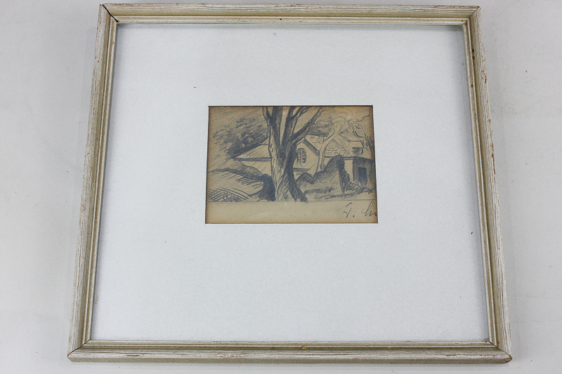 20th century school, pencil sketch of a house viewed through trees, indistinctly signed J Lin?, 7.