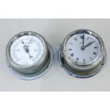 A Marpro porthole wind up alarm clock with matching barometer both in zinc cases 9cm diameter widest