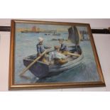 20th century school, three boys in a dinghy, oil on board, indistinctly monogrammed RFN?, 48cm by