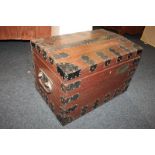 A metal bound oak silver chest with side handles and vacant brass plaque, with green baize lined