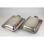 A pair of Art Deco silver plated tureens and covers, rectangular form with fan shaped handles,