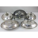 A silver plated revolving breakfast dish, together with two pairs of silver plated oval tureens